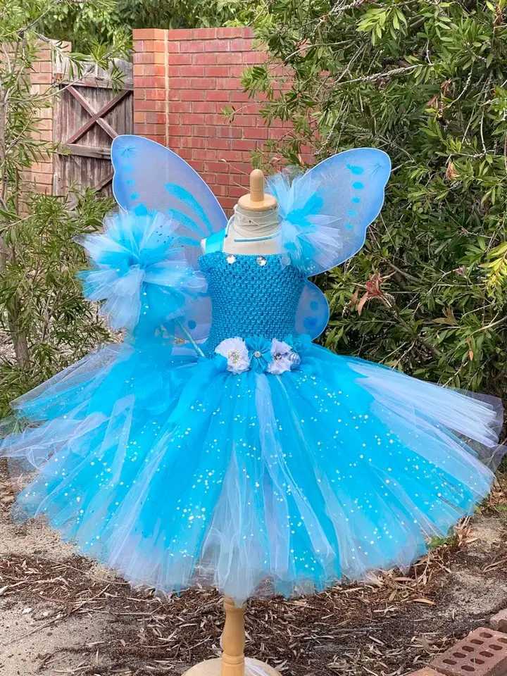 Girl Blue and White Sparkling Tutu Dress Childrens Flower Fairy Dress Butterfly Wing Stick Childrens Par Dress Princess Dress W250111