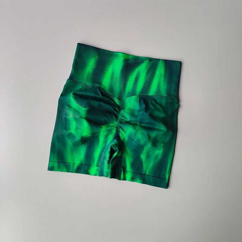 Aurora Fitness Shorts High Waist Abdomen Tightening Hip Showing Sports Tripartite Pants Tie Dyed Peach Hip Beauty Legging QuickXJ250111