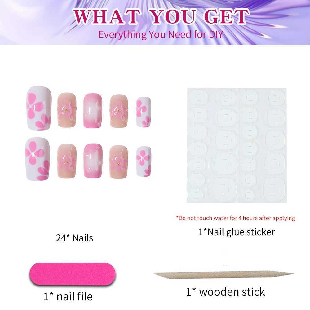 24pcs short and medium false nails square nails colorful painted flowers Water Beads design press on nails removablereusableXJ250110