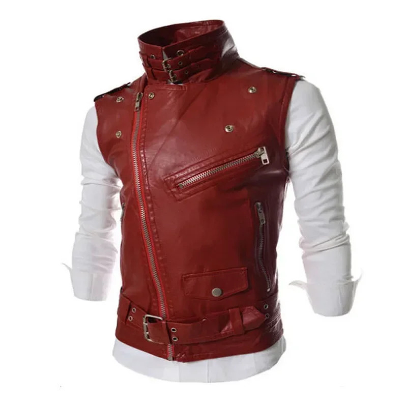 Mens Leather Waistcoat Korean Slim Fit Zipper Lapel Short Vest Coat Solid Color 250107