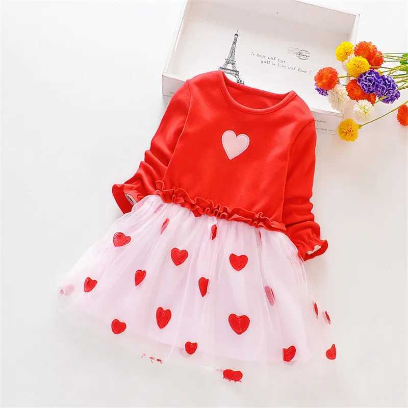 Girls dress 90-130cm heart-shaped pattern childrens autumn clothing 2024 new chiffon ruffled Tutu Par dress W250111