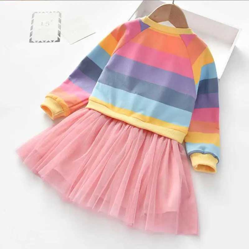 Baby girl dress princess autumn sweater wool Gauze Tutu dress childrens clothing long sleeved rainbow striped dress W250111
