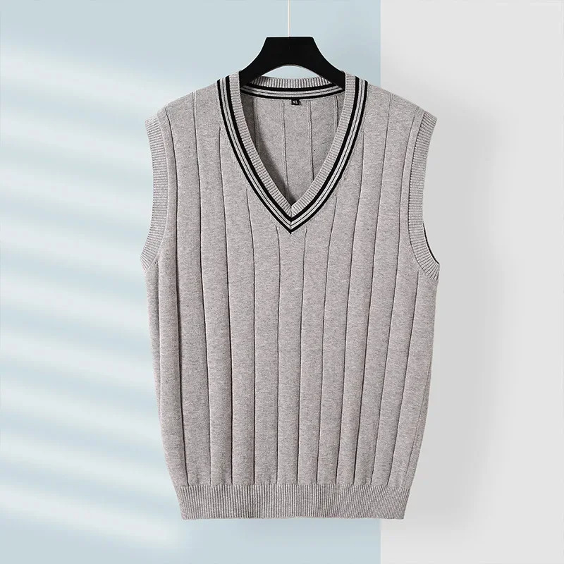 Winter Men Knit Vest Casual Knitted Sweater Cotton Waistcoat vNeck Knitwear Mens Slim Fit Striped Man Clothing 250107