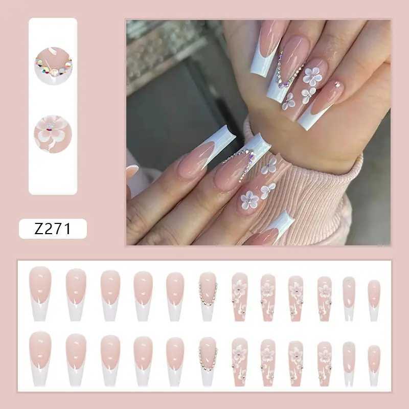 24pcs False Nails With Glue Flower Design Long Coffin French Ballerina Fake Nails Full Cover Acrylic Nail Tips Press On NailsXJ250110