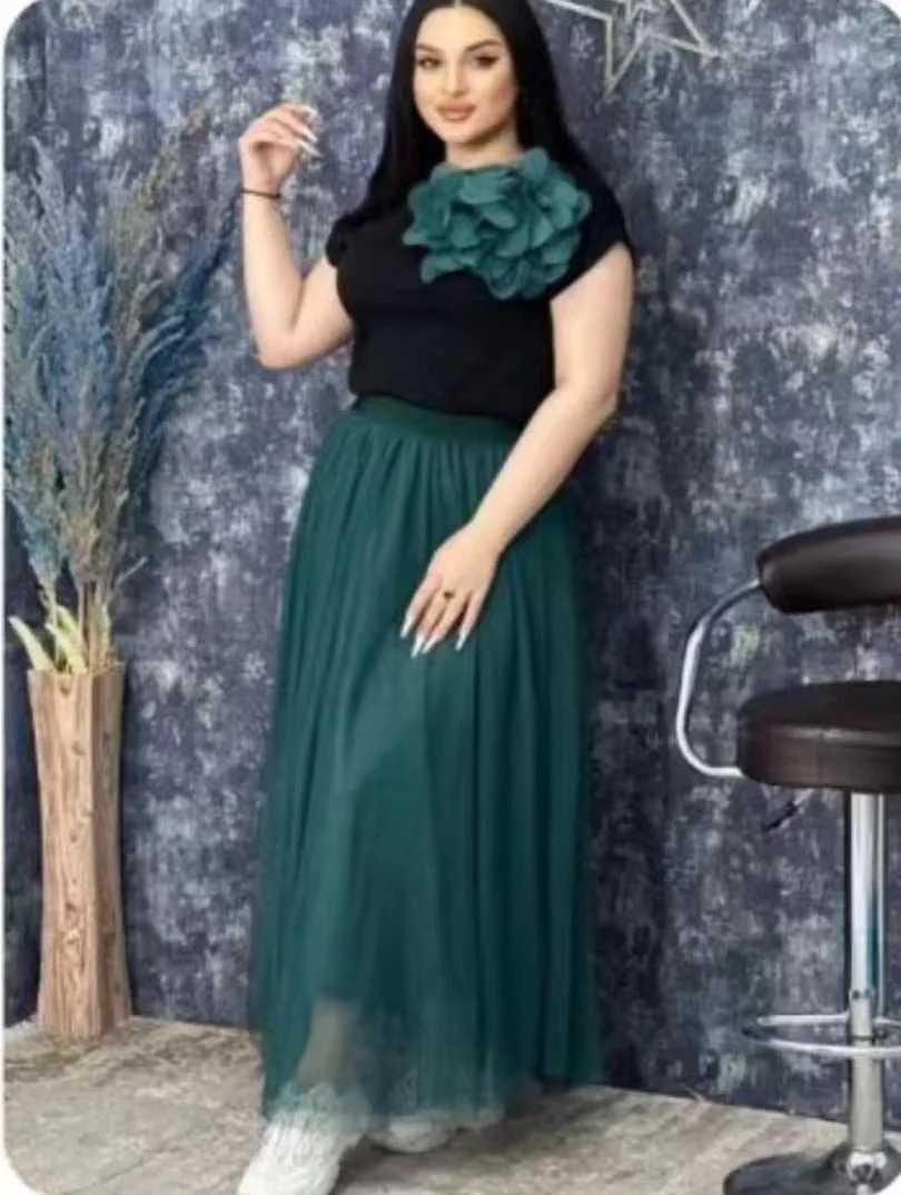 Summer Two piece Dress Set Womens Flower sewn Short sleeved Cotton TopElastic Waist Long Vacation Beach Dress 250109