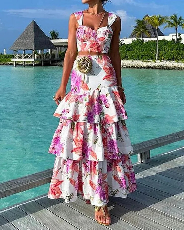Skirt set for women two-piece printed floral dress set camisole short sleeved top vest cake long skirt sexy and elegant patchwork beach summer 250110