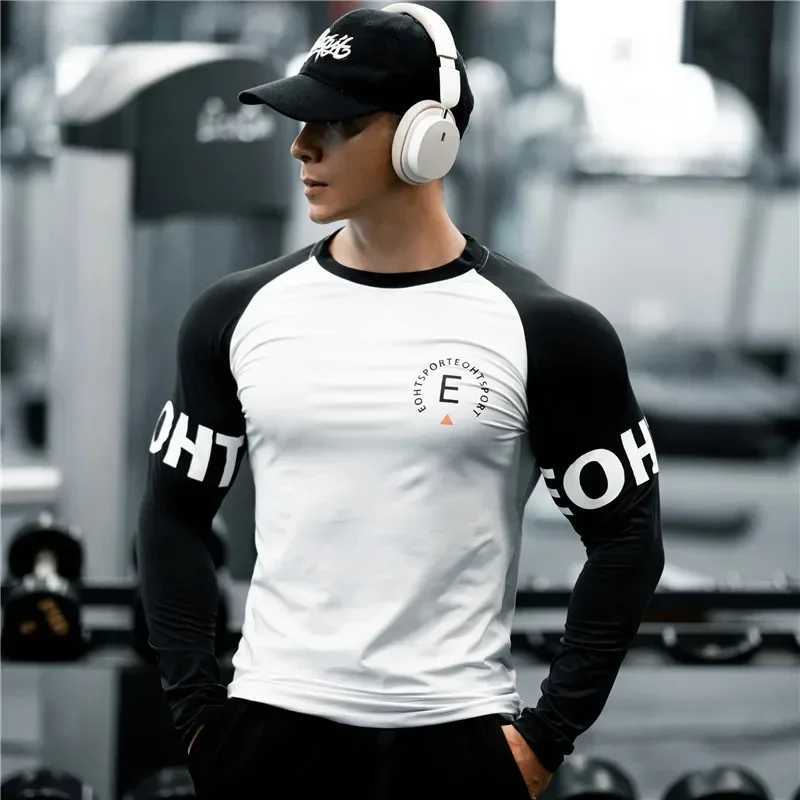 Mens T-shirt sports fitness shirt mens long sLeeved T-shirt quick drying breathable tight fitting suitable for training top W250111