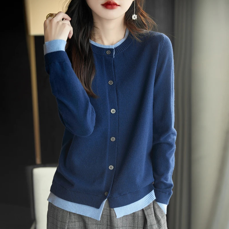 Spring Knitted Cardigan Sweater Women Clothing O-neck Patchwork Female Long Sleeve Tops Knitwears Autumn Korean Fashion Sweater 250106
