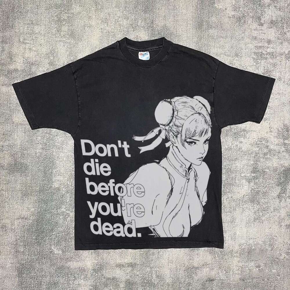 Washed cartoon anime character printed short sleeved men and women lazy style American fashion versatile half cut sleeves