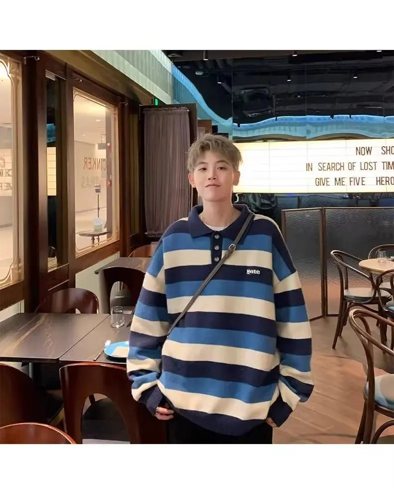 College style polo neck knitted sweater for men and women autumn and winter retro striped lazy style sweater trend Y2K 250109