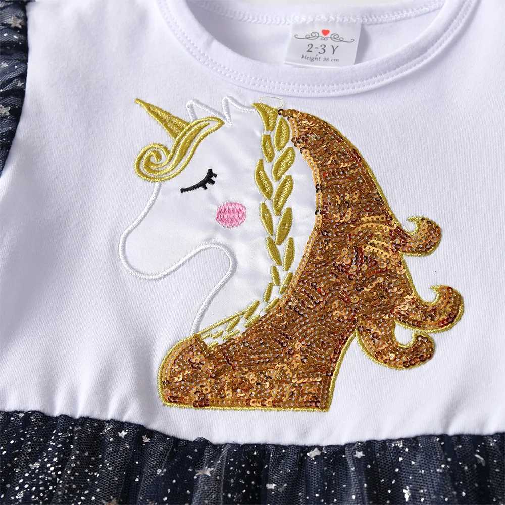 Vegeta childrens unicorn sequin application dress girls flash sleeves autumn spring patch work shiny irregular Tutu princess dress W250111