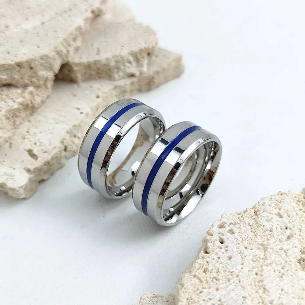 Stylish and charming stainl steel gold-plated mens ring simple blue stripe womens ring wedding party jewelryXJ250110