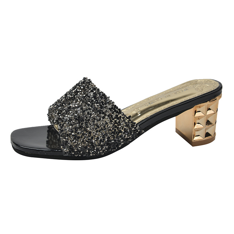 Women Slippers Fashion Coarse Heel Sandals Korean Version Outdoor Wear Trendy Versatile Triple Black Gold Sier NEW Free shipping