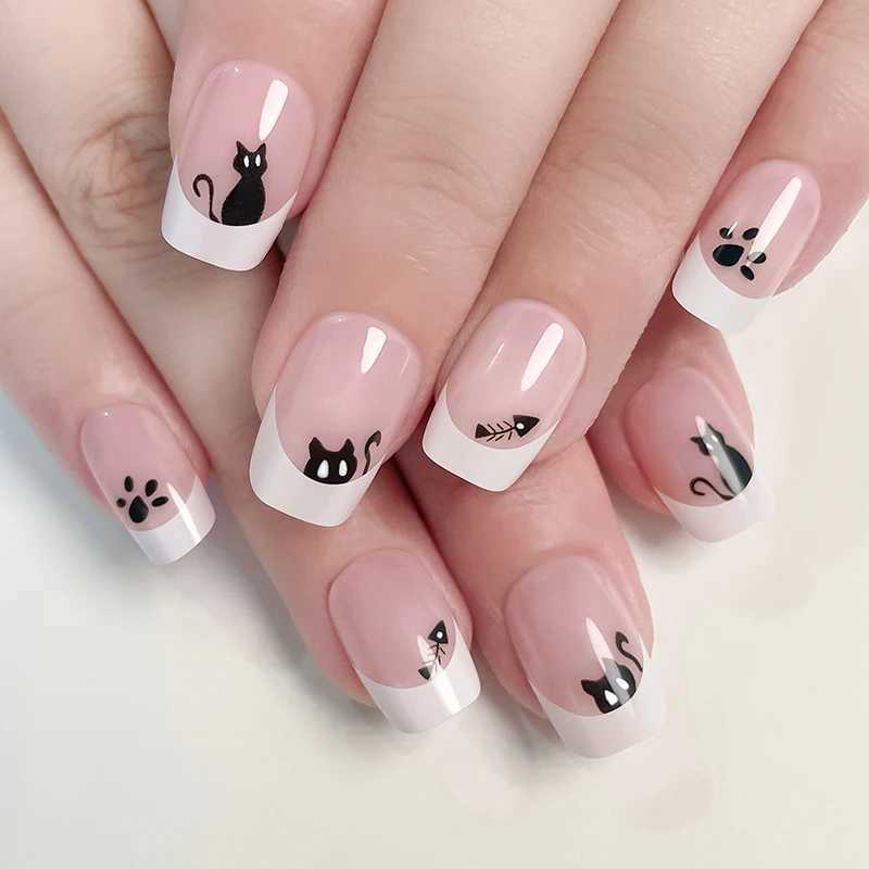 24pcs Square False Nail Pink French Cute Black Cat Design Halloween Style Girl Art Press on Nails with nail tools for Women GiftXJ250110