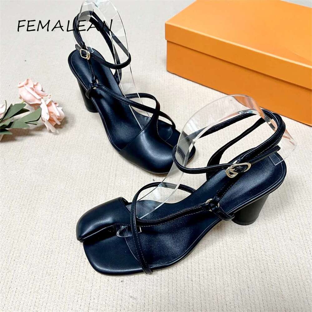 2024 Summer Party Prom Square Toe High Heels Buckle Long Straps Casual Black Sandals Unsymmetrical Split-toe Shoes For Women