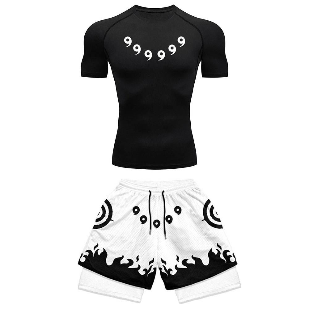 Men's Workout Compression Set Anime Printed Gym Tshirts Breathable Running Shorts Quick Dry Sports Rash Guard Sportwear Set
