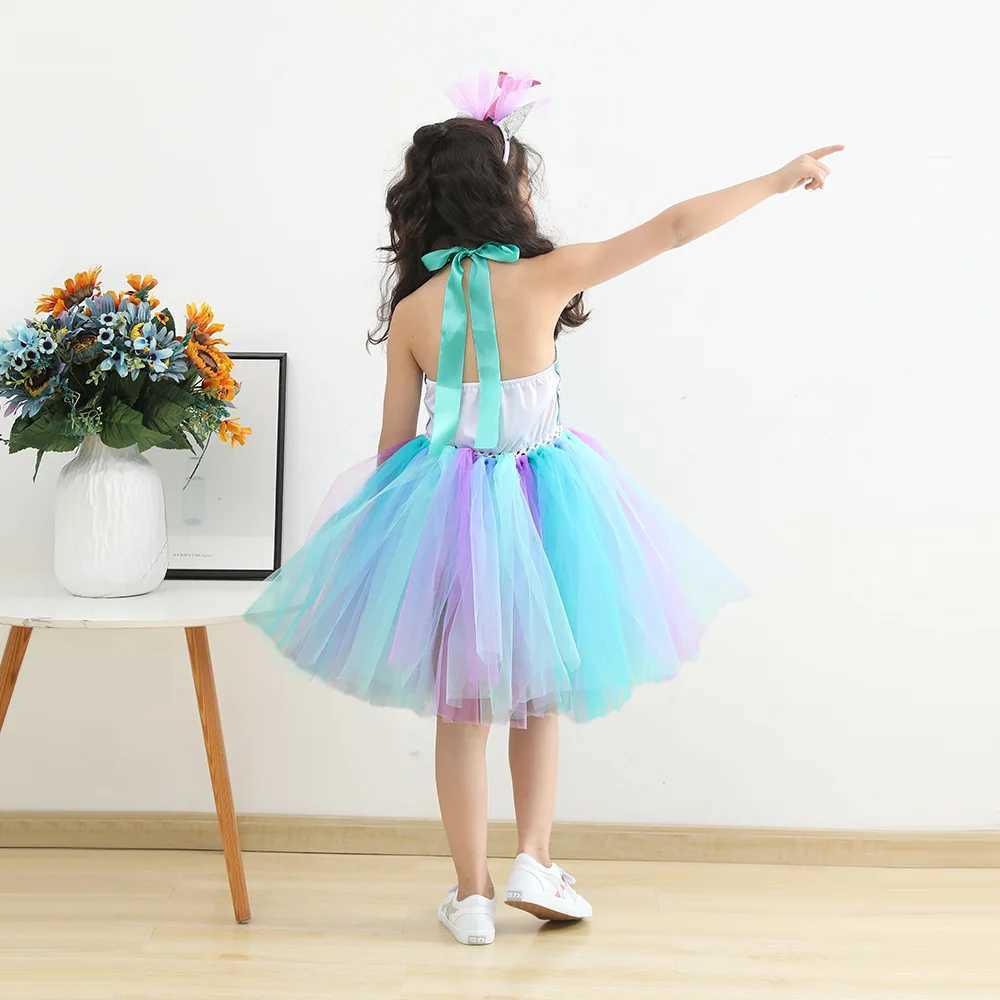 Child girl role-playing Par dress up princess dress up mermaid chiffon Tutu dress theme birthday Par costume with floral headband W250111