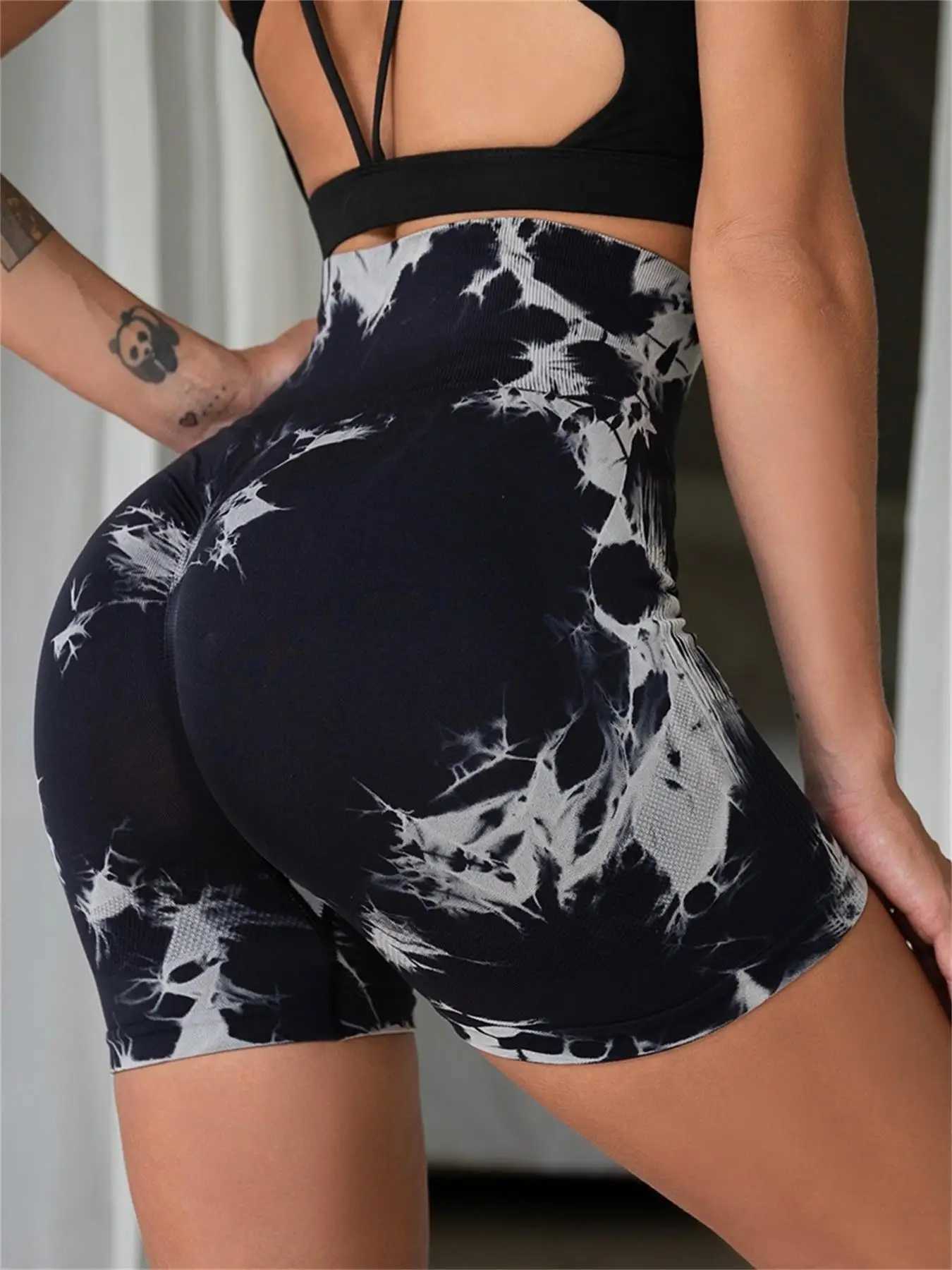 Womens Tie Dye Print Ruched High Waist Sports Shorts Casual Comfy Breathable Seamless Skinny Shorts for Yoga Gym WorkoutXJ250111