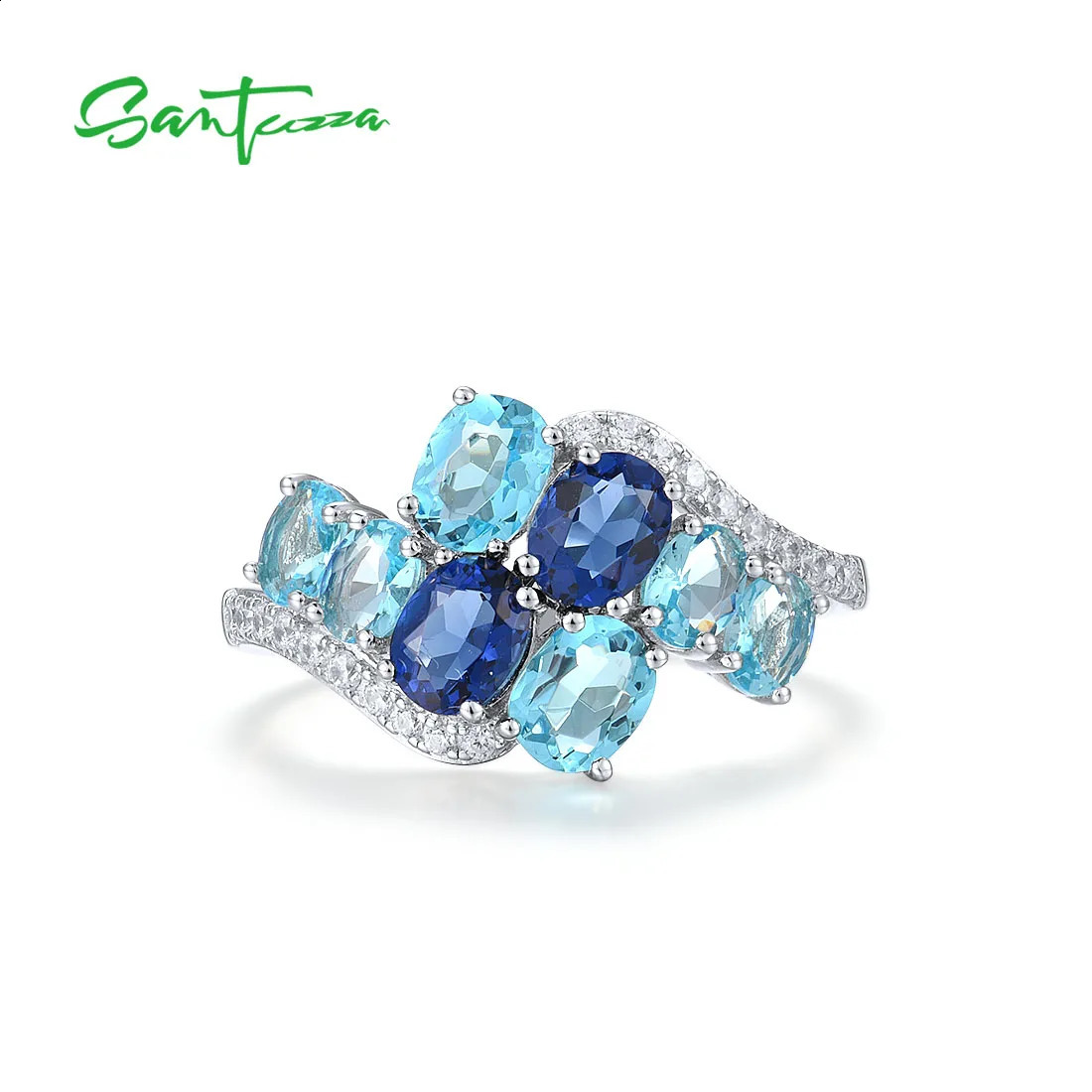 SANTUZZA Pure 925 Sterling Silver Rings For Women Oval Blue Gemstone Round White CZ Cluster Elegant anillos Wedding Fine Jewelry 250106