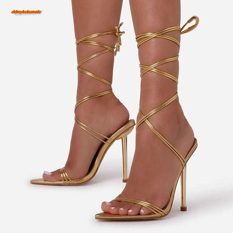 Summer 12CM Gladiator Heels Sandals For Women Fashion Pointed Open Toe Lace-Up Stiletto Ladies Strappy Wedding Shoes Black Red ddmykukumalu