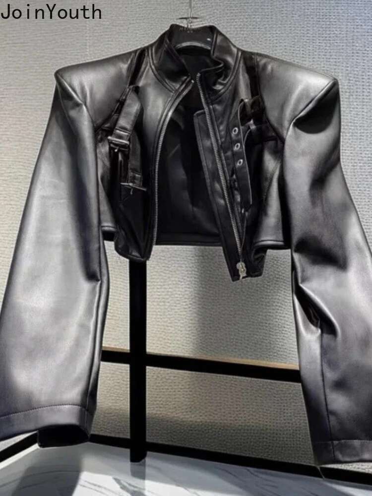 hoodie Streetwear Y2k Jackets Women's Clothing Haruku Crop Tops 2024 Ropa Mujer Korean Outwear Stand Neck Leather Short Coats 63A097 jacket