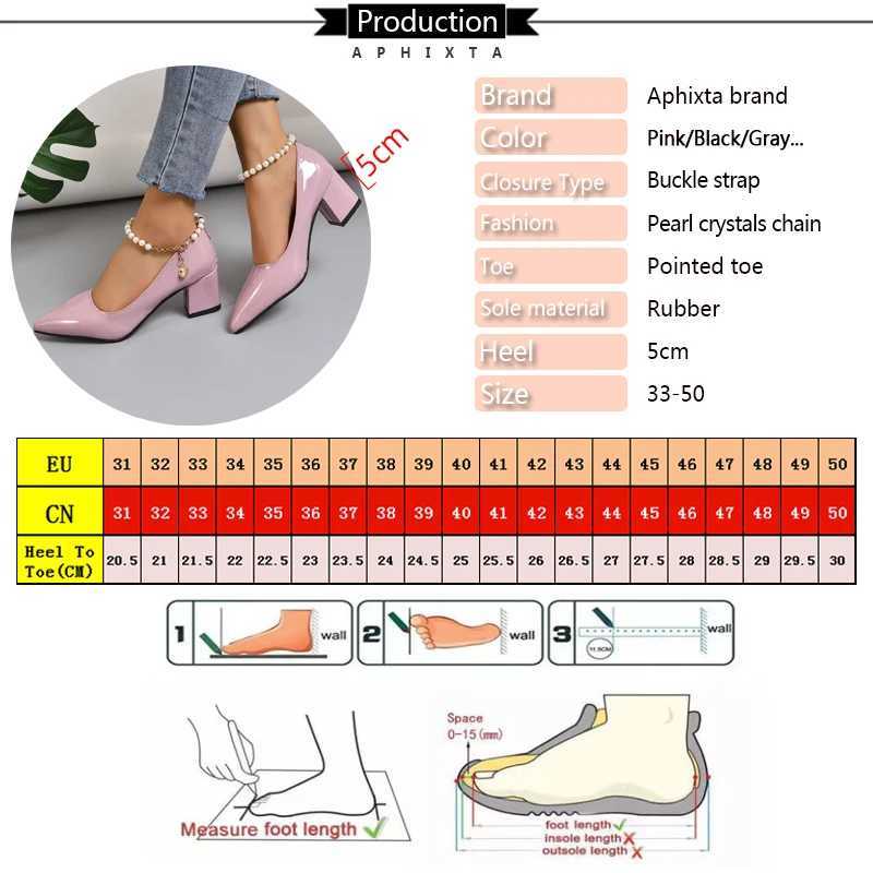 New Arrival Aphixta 5cm 7cm Thick High Heels Womens Pump Crystal Pearl Chain Ankle Lace Casual Shoes Fashion Patent Leather Plus Size 30-50 T250110