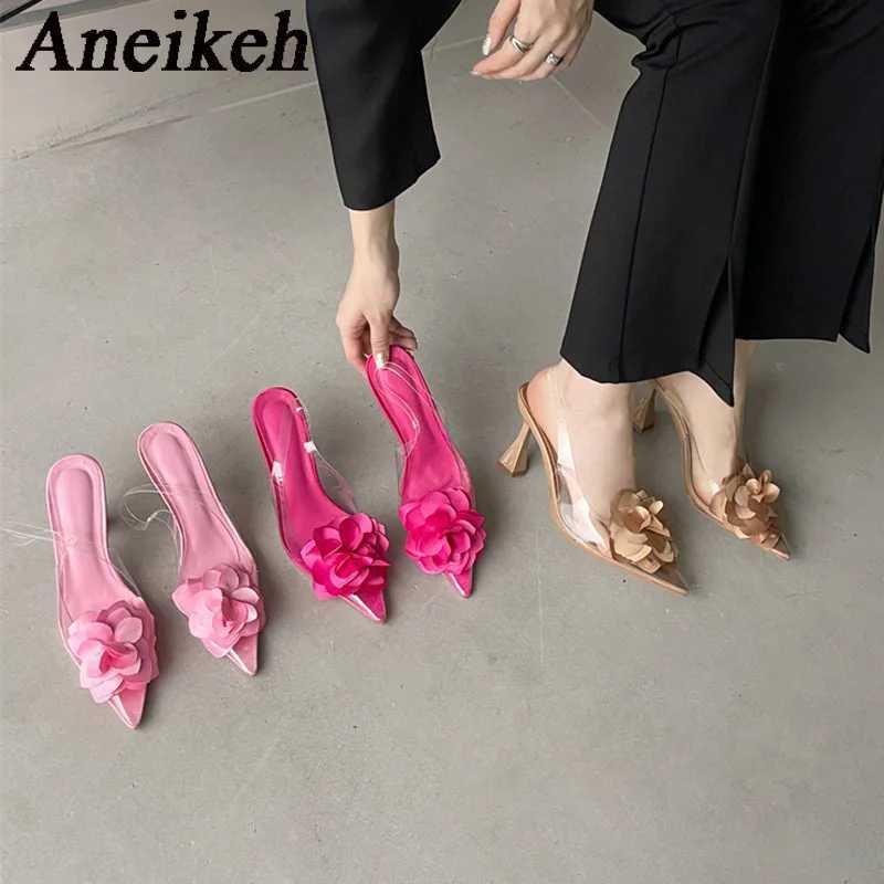 New Arrival Aneikeh Womens Silk Flower Decorative Single Shoes Sexy Transparent PVC Dot Strap High Heels Party Dress Zapatos T250110