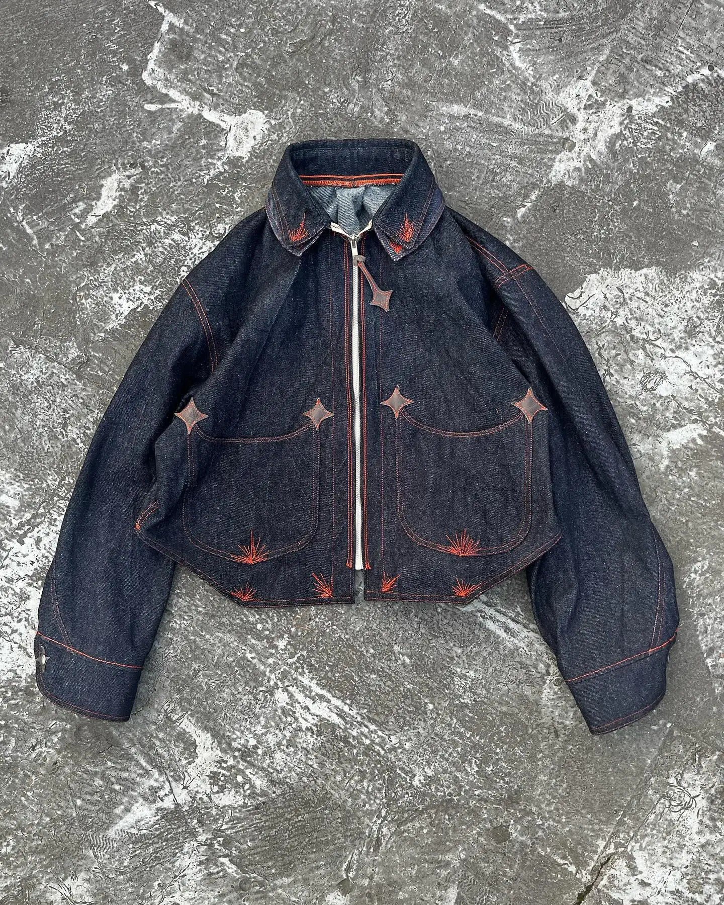 Star Embroidery Dark Blue Washed Retro Denim Jacket Punk Loose Multiple Pockets Double Collar Zipper Jacket Fashion Men Clothing 250110