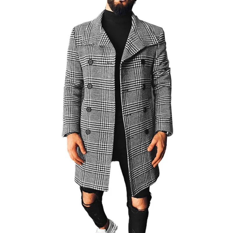 Trend Men Coat Autumn Winter Plaid Double Breasted Lapel Midlong Chic Wool Blends 250106
