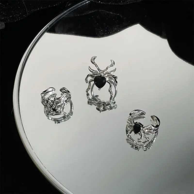 Gothic Irregular Spider Web Zircon Ring Punk Black Crystal Grenge Ring Dark Spider Animal Gothic Womens Jewelry Open Ring W250111