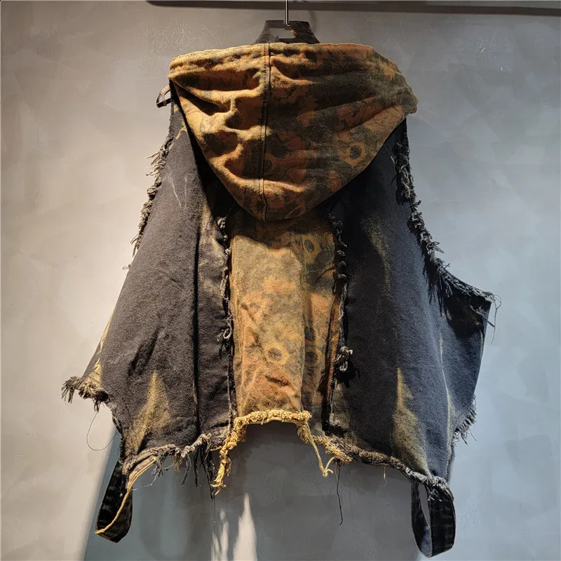 YEAE womens personality trendy cool old print splicing denim hooded vest Harlan pants two-piece fashion suit 250109