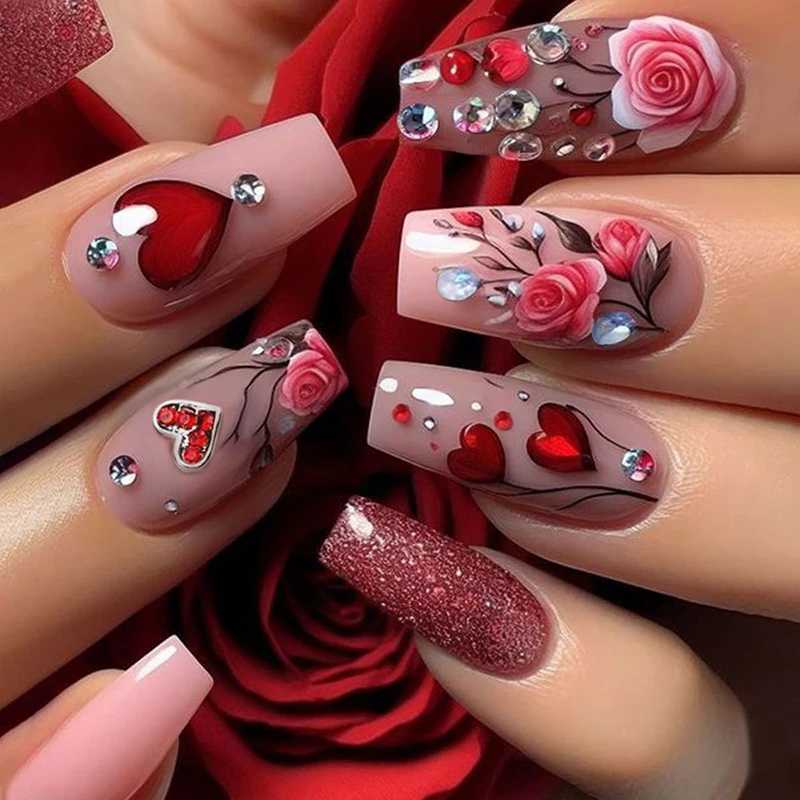 24Pcs Love Rose Press on Nails Valentines Day Red Medium Ladder Flashing Fake Nail for Women Girl Detachable Wearable NailXJ250110