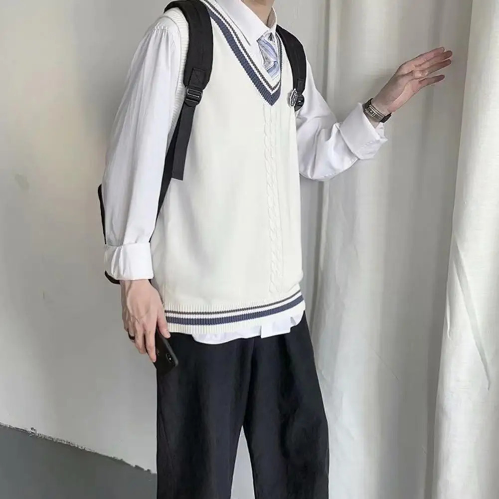 College Style Sleeveless V Neck Sweater Vest Autumn Winter Patchwork Color Twist Men Knitted Daily Clothing 250107