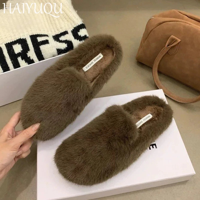 Fur Leopard Women Fluffy slippers Flats Cotton Shoes Mules Woman Trend Fashion Slingback Short Plush Warm Snow Botas Mujer 250106