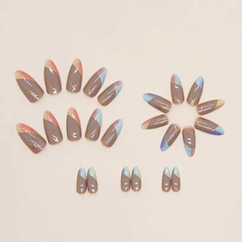 24 PCs Short French Gradient Gold Line Nails with 1 Jelly Gel and 1 Nail FileXJ250110