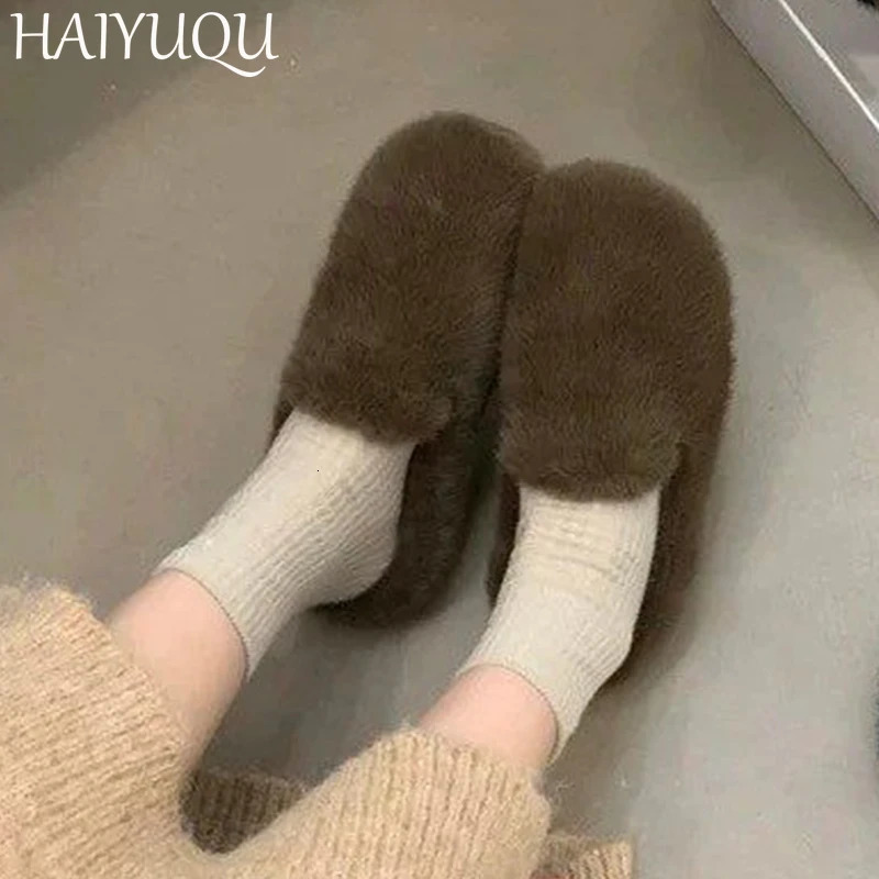 Fur Leopard Women Fluffy slippers Flats Cotton Shoes Mules Woman Trend Fashion Slingback Short Plush Warm Snow Botas Mujer 250106