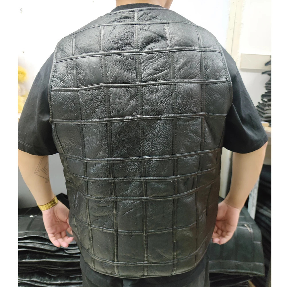 2024 Real Sheepskin Genuine Leather Vest Men Black Waistcoat Male Sleeveless Jacket Thick Motorcycle Multi Pocket Zipper 250107