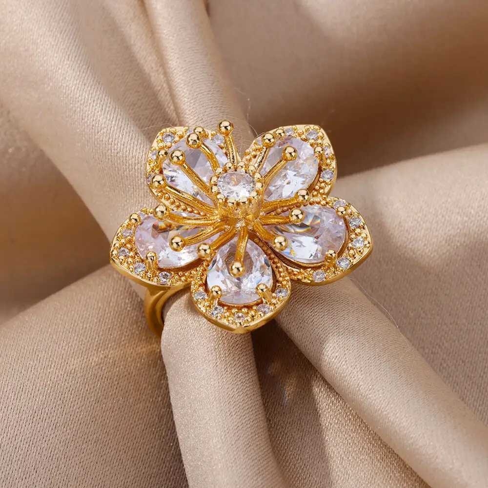 Pink Zircon Flower Rings for Women Gold Color Stainl Steel Ring 2024 Trend Elegant Floral Luxury Aesthetic Jewelry anillosXJ250110