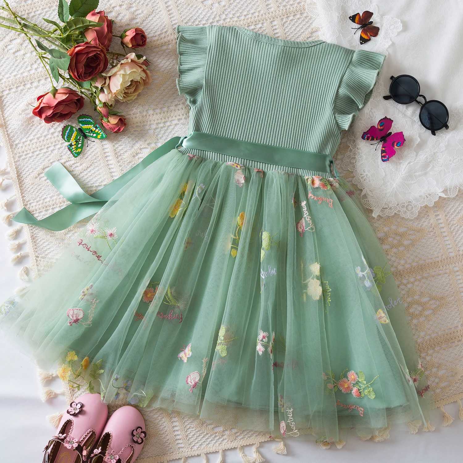 Cute Baby Girl Embroidered Flower Dress Princess Par Tulle Flower Dress Preschool Baby Girl Mesh Tutu Dress 1-5 Years Clothing W250111