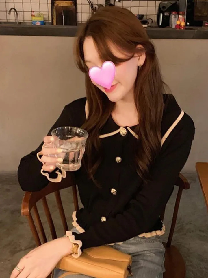 Jmprs Ruffles Sweet Cardigan Sweaters Women Fashion Slim Long Sleeve Knitted Short Coat Elegant Patchwork Korean Lady Black Tops 250106