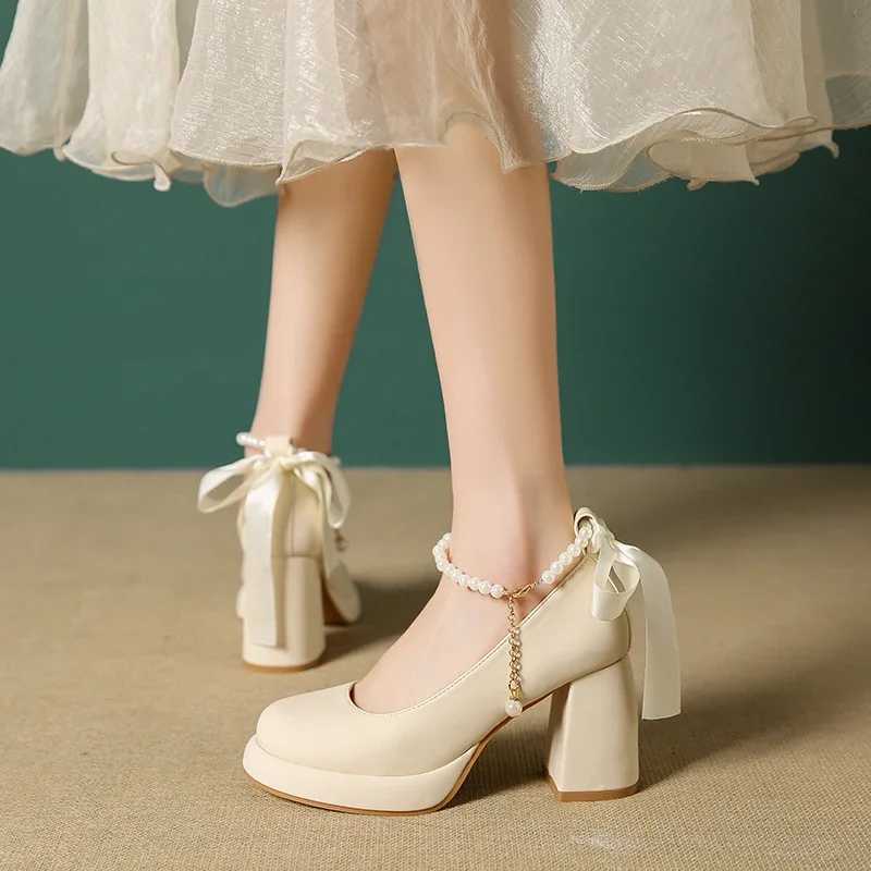 New Arrival Mary Jane/Lolita Platform Shoes Womens High Heels Pearl Bow Ankle Strap Shallow Comfortable Thick High Heels Pump Chaussure T250110