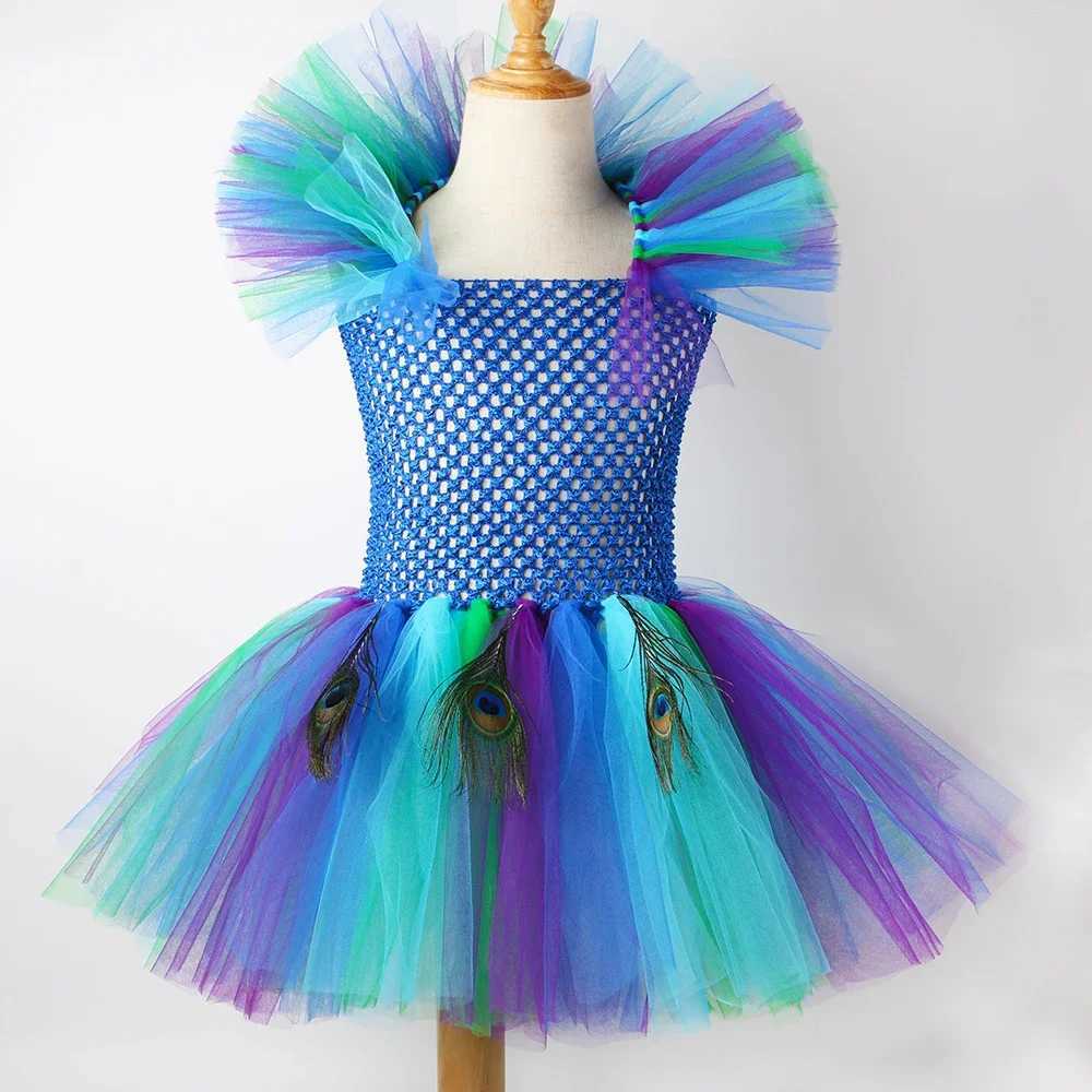 Girl Peacock Tutu Dress with Flower Feather Headband Fancy Peacock Princess Costume Childrens Halloween Carnival Par Purim Dress W250111
