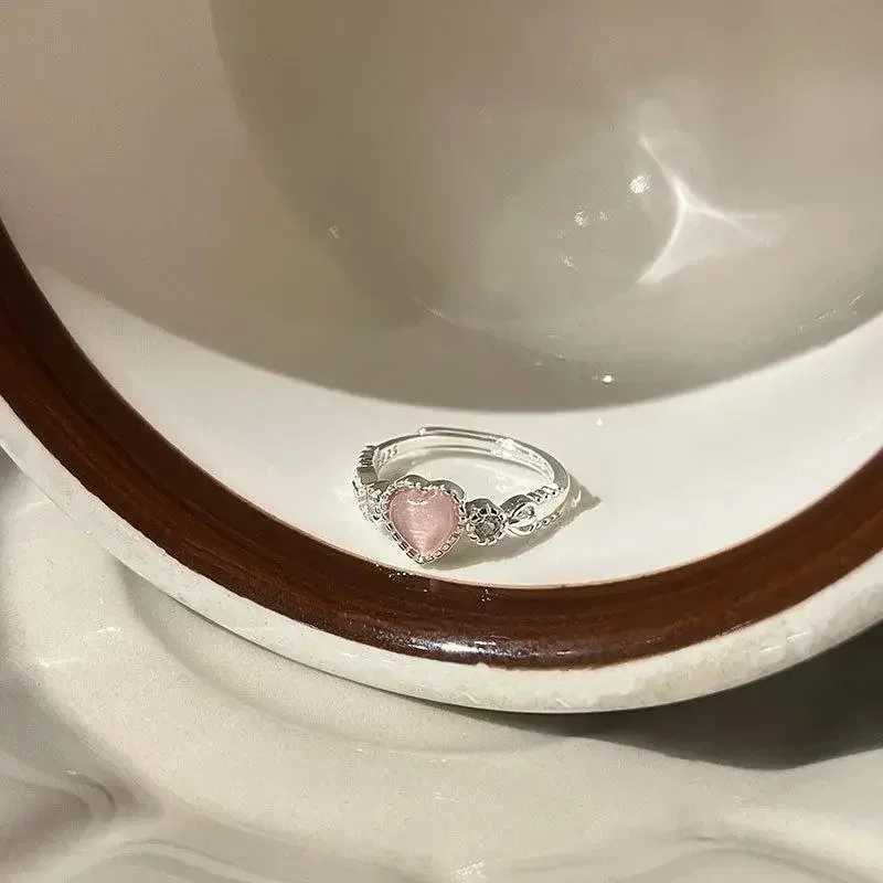 Popular Pink Cat Eye Stone Love Ring Ins Girl Cute Finger Ring Kpop Gothic Shining Zircon Open Adjustable Ring Jewelry W250111