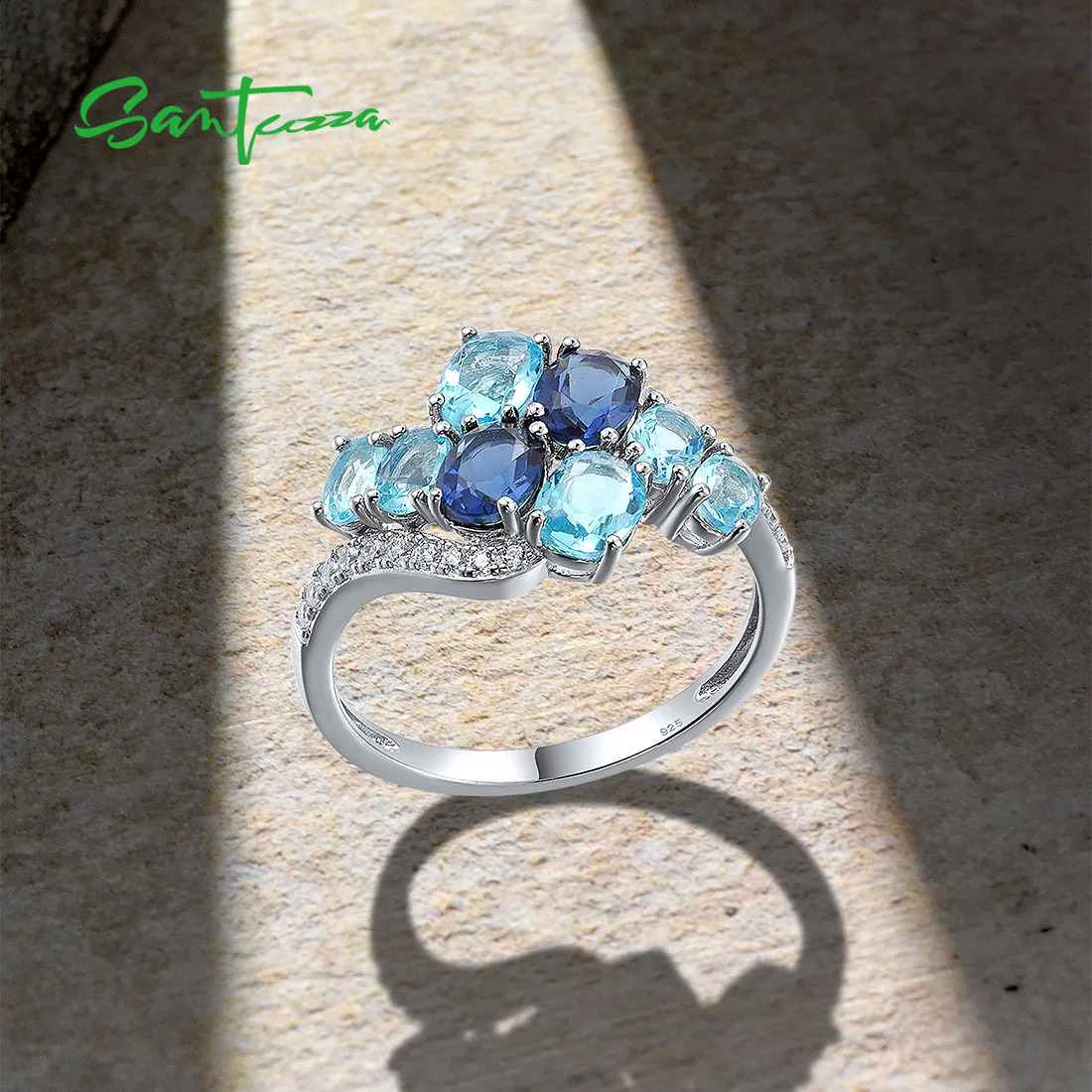 SANTUZZA Pure 925 Sterling Silver Rings For Women Oval Blue Gemstone Round White CZ Cluster Elegant anillos Wedding Fine Jewelry 250106