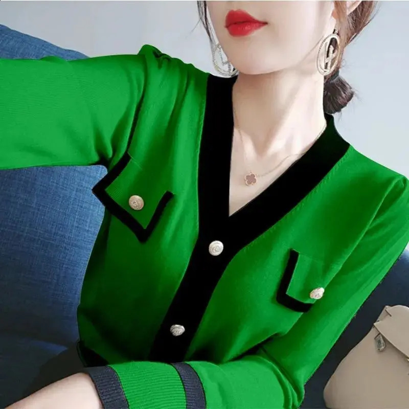 Spring Autumn Fashionable Knitting Cardigan Fashion All-match Sweater Ladies V-neck Long Sleeve Top Tee Women Clothes 250106