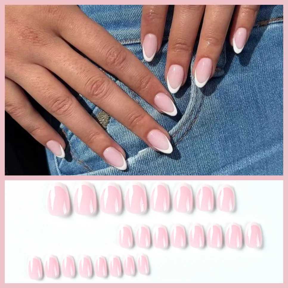 24P French Oval False Nails Girls White Edge Design Nude Color Wearable Press on Nail Full Cover Short Acrylic Almond Fake NailsXJ250110