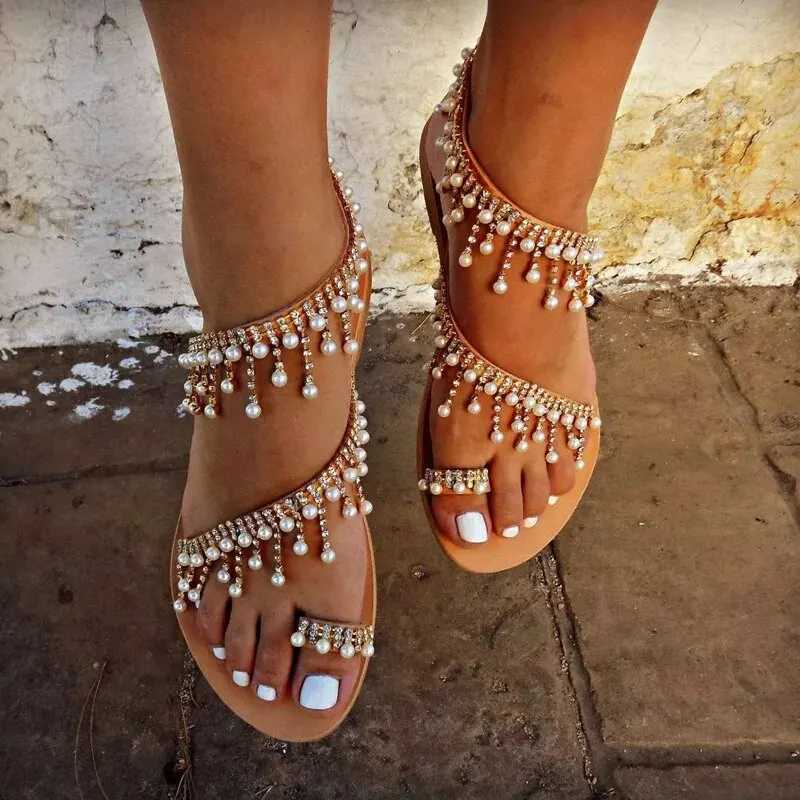 1 Pair Women Beach Sandals Faux Pearl Tassels Flat Dressy Ankle Strap Open Toe Lightweight Women Casual Sandals ShoesXJ250110