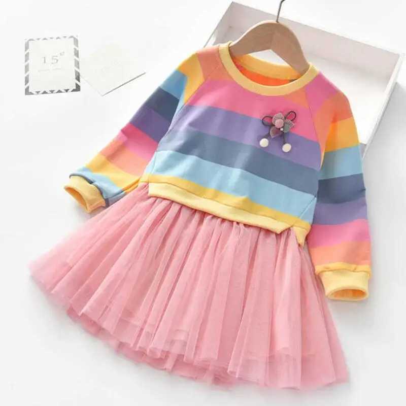 Baby girl dress princess autumn sweater wool Gauze Tutu dress childrens clothing long sleeved rainbow striped dress W250111