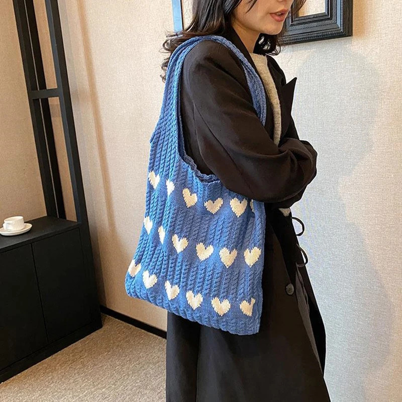 Love Heart Graphic Knitted Tote Bag Fashion Woven Shoulder Aesthetic Crochet For Women 250107