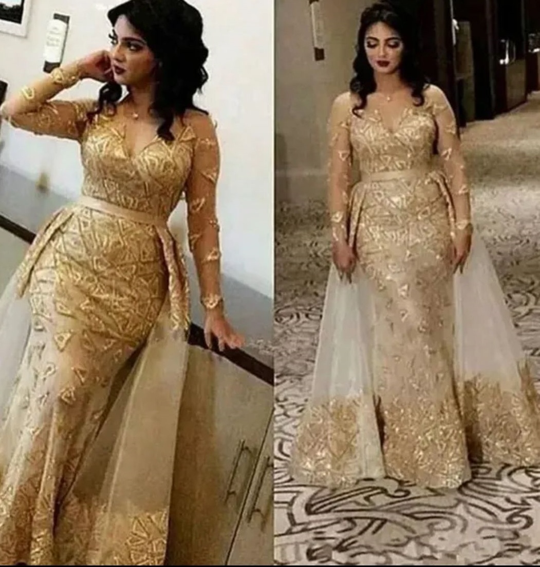 Mermaid Gold Prom Dresses Lace Full Sleeves Detachable Train Evening Formal Party Second Birthday Engagement Gowns Plus Size Dress For Special Ocns